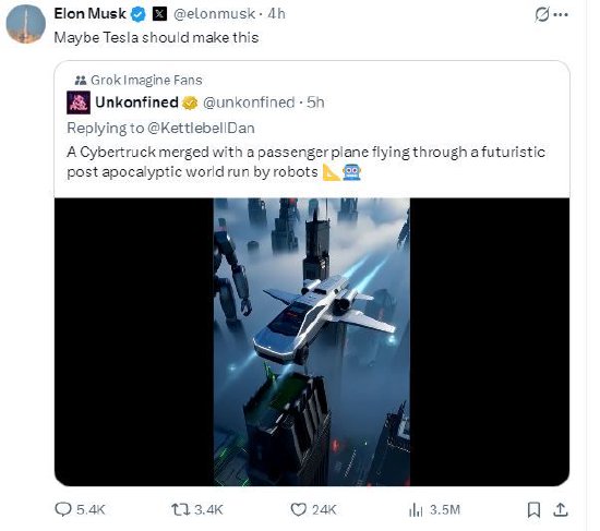智股策略 马斯克回应AI生成的飞行Cybertruck视频：或许特斯拉应该制造这个